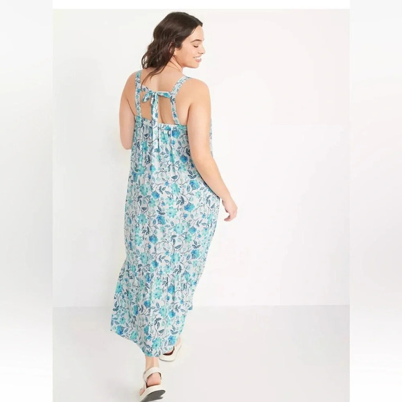 Old Navy Blue Floral Sleeveless Tie Back Cut Out Maxi Swing Dress Size XS NEW - Picture 1 of 12